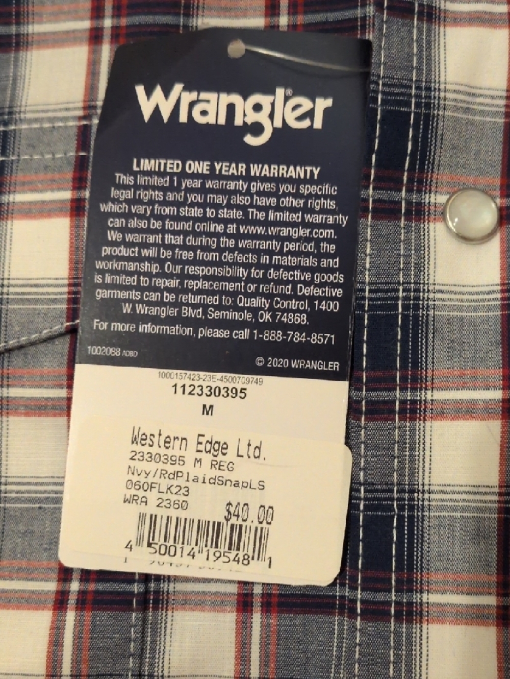 Wrangler Navy, Red and White Plaid Button-Down Shirt - Picture 2 of 9